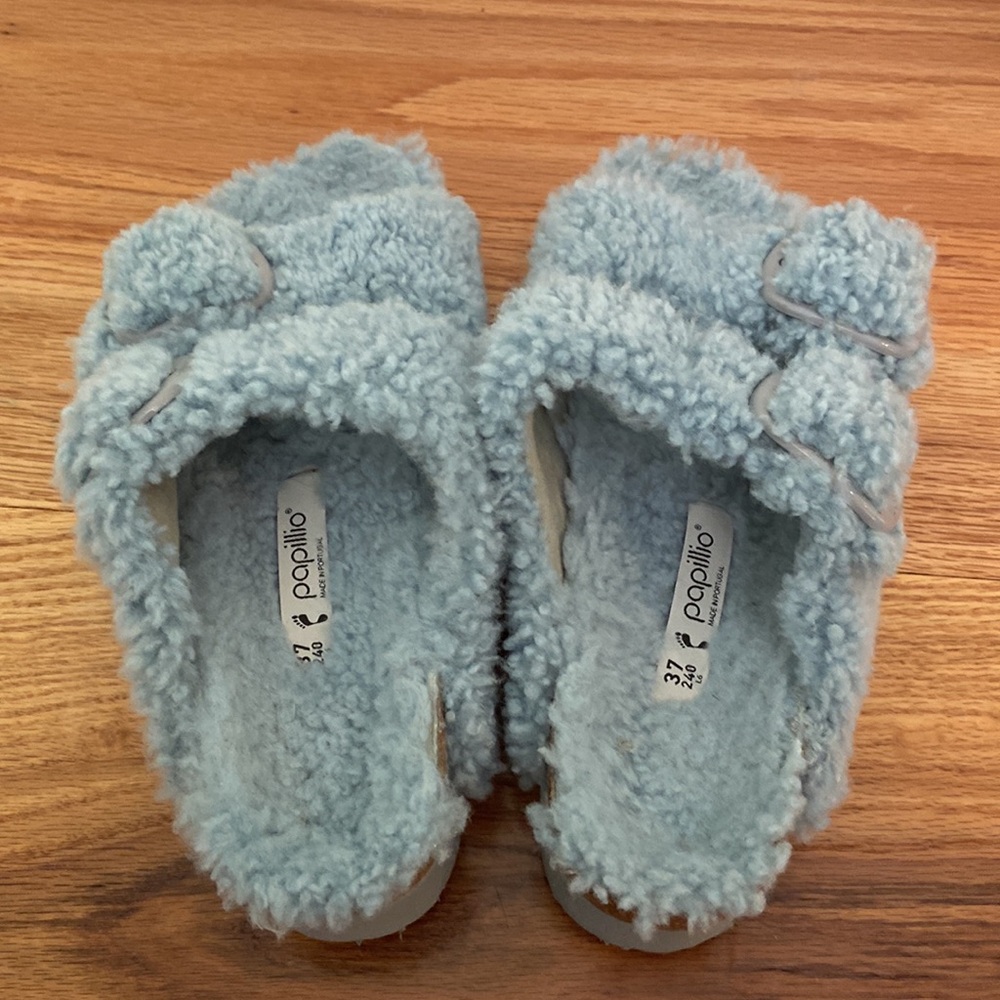 Birkenstock Papillio Arizona Shearling Slide Sandal Blue Size 37 - Picture 4 of 13